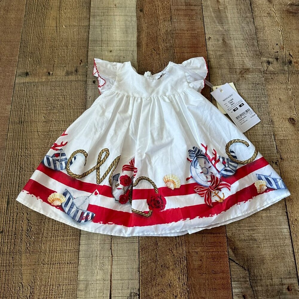 Monnalisa Toddler Girls Nautical Print Dress 6M With Red & White Stripes Rope